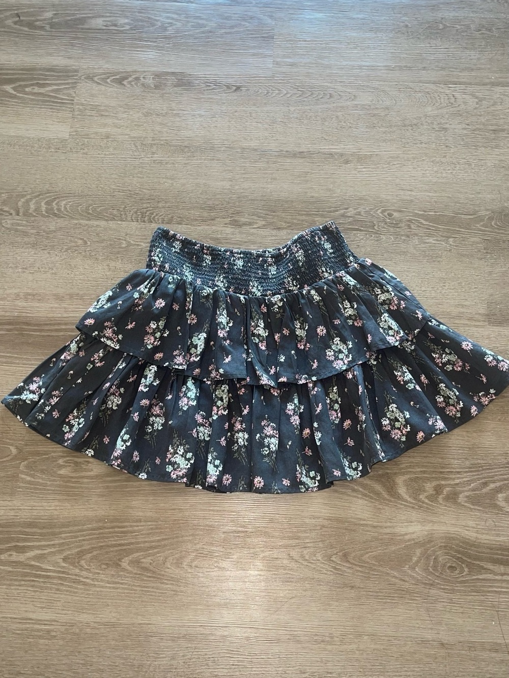 aerie Black Floral Tiered Skater Skirt